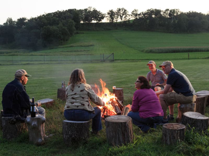 Several men and women sitting on log stumps around a small bonfire at dusk.