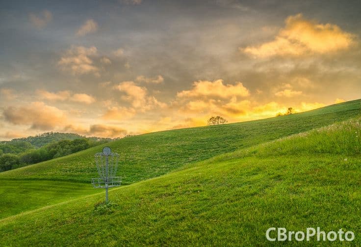 A disc golf basket on green grass at sunset