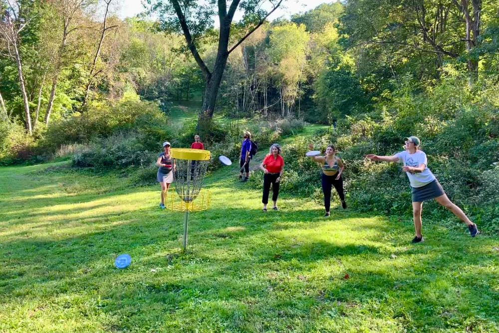 A group of friends throwing disc golf discs towards a disc golf basket