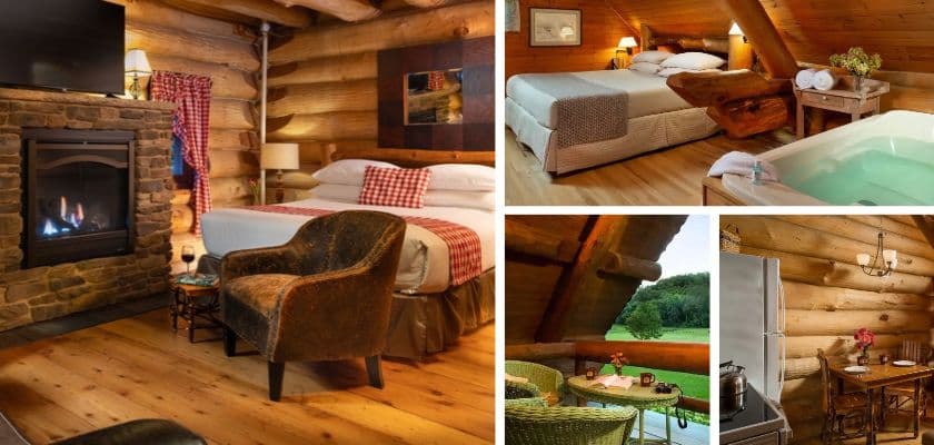 Collage of Paul Bunyan Cabin at Justin Trails Resort, showing the fireplace bedroom, upstairs spa tub, balcony view, and first floor kitchen.