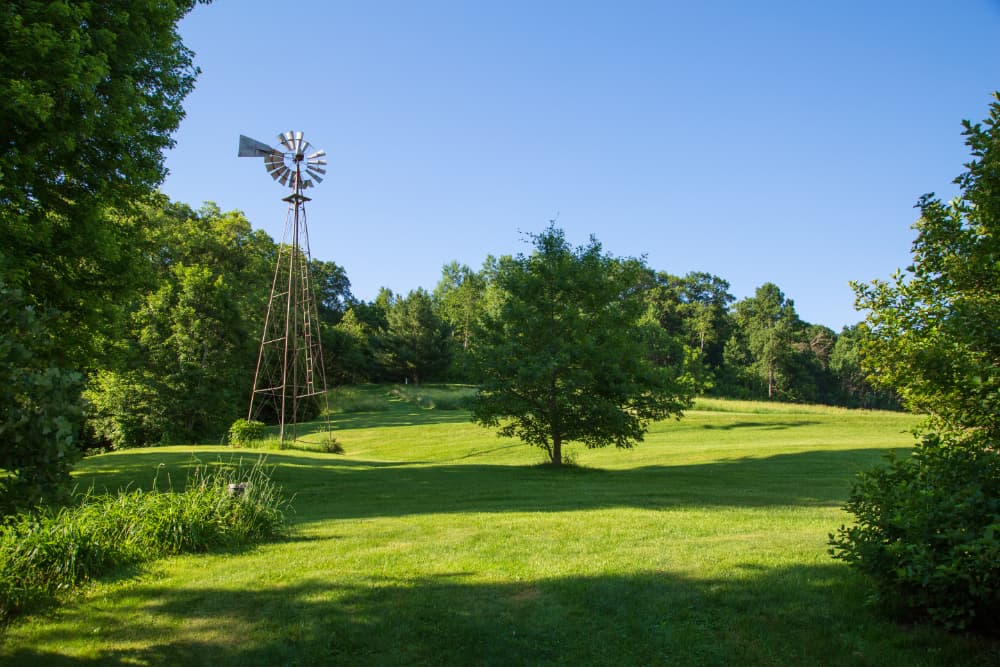 Sprawling green farmland on rolling hills with a tall windmill off to one side, and a wooded area in the background.