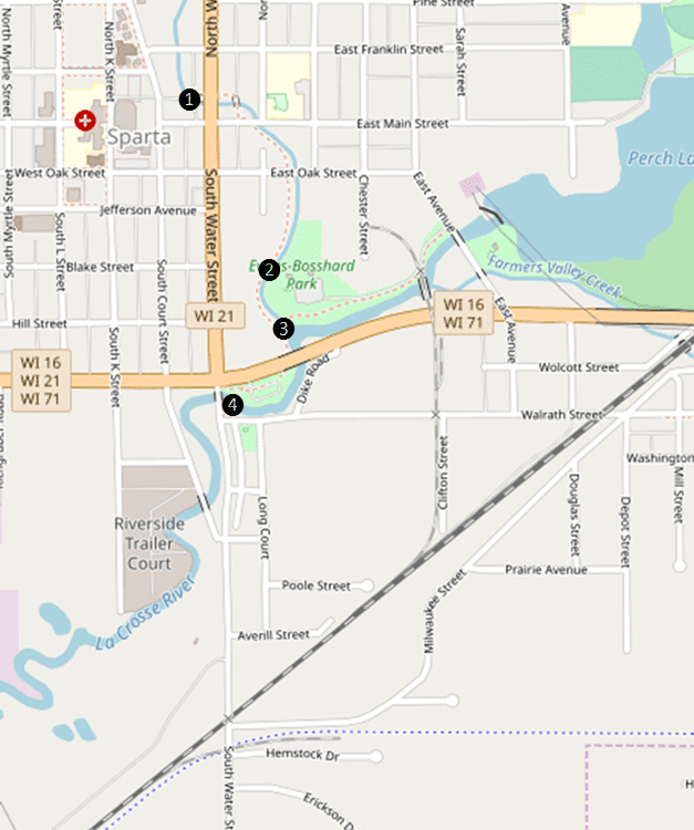 Map of Sparta, highlighting streets and Bossard Park location.
