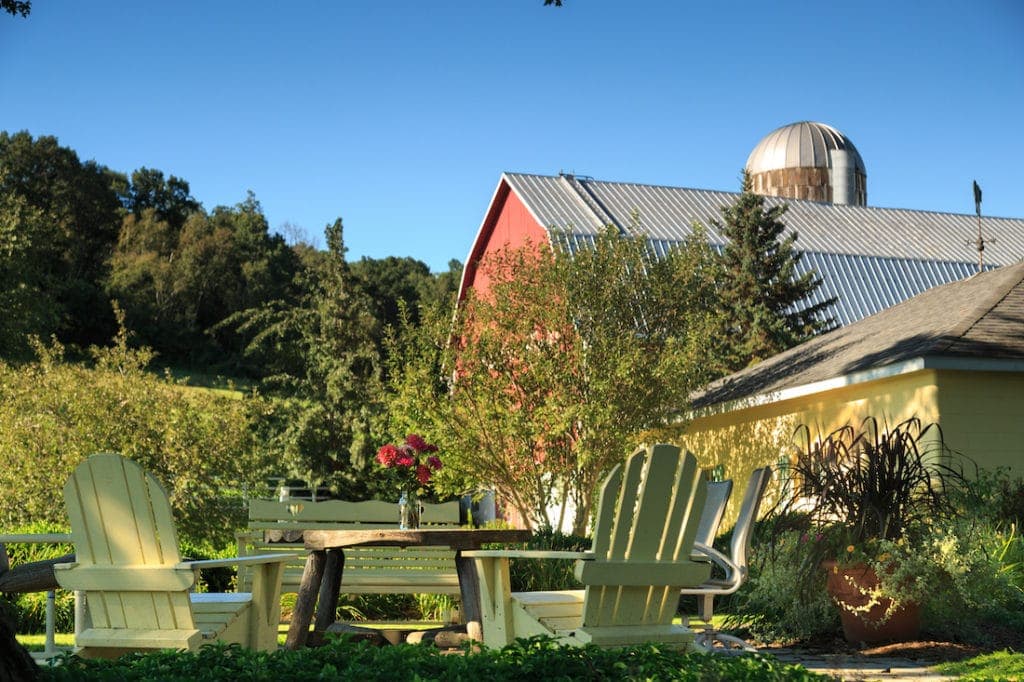 A peaceful outdoor seating area with Adirondack chairs surrounded by greenery and a red barn in the background.