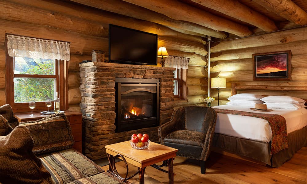 Cozy log cabin interior featuring a fireplace, seating area, and a bed.