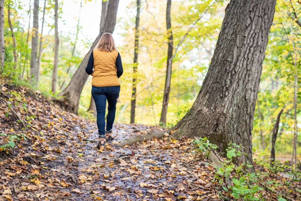 A person wearing a yellow vest walks along a wooded path covered in autumn leaves.