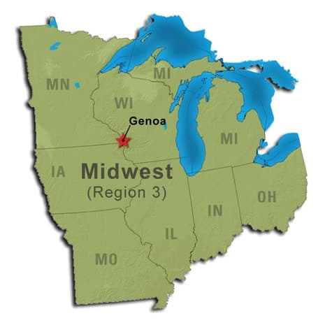 Map of the Midwest region of the United States highlighting Genoa, Illinois.