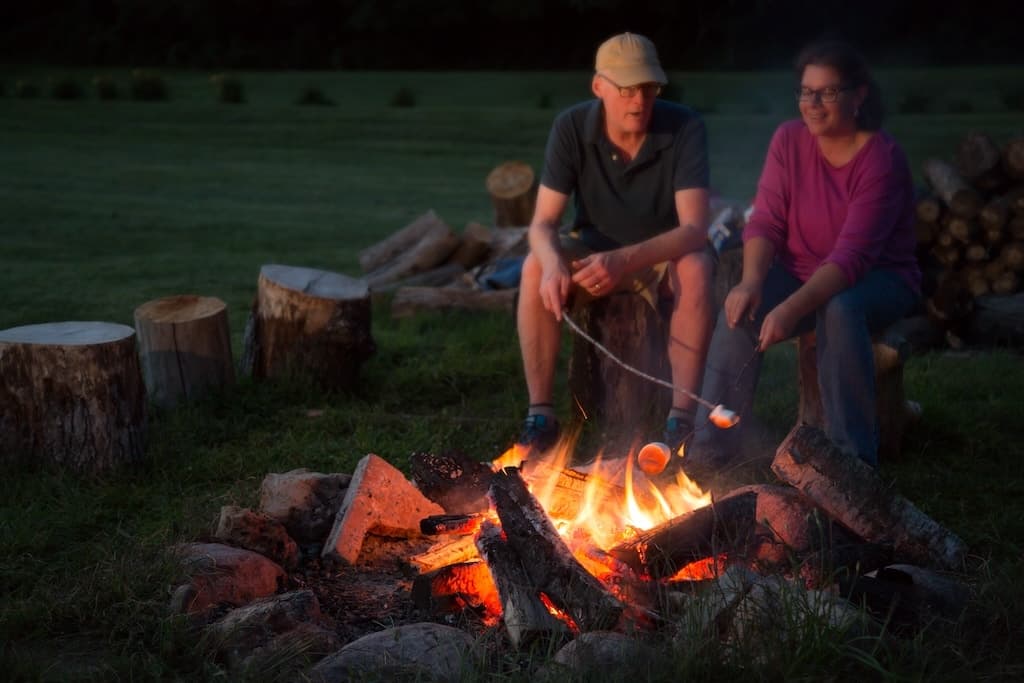 Two people roast marshmallows over a campfire surrounded by logs in a grassy field.