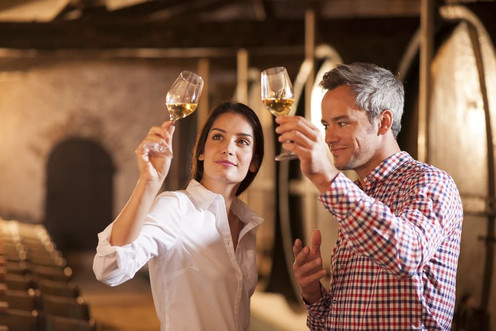 A woman and a man toast with glasses of wine in a rustic setting.