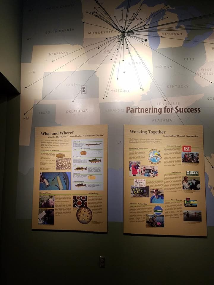 A map of the Midwest region accompanied by informational panels on fish conservation and partnerships.