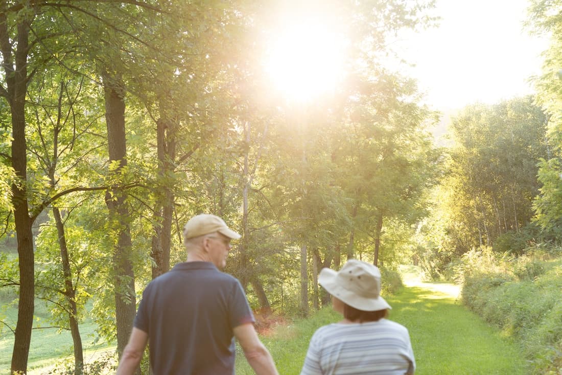 An elderly couple walks hand-in-hand down a sunny, tree-lined path.